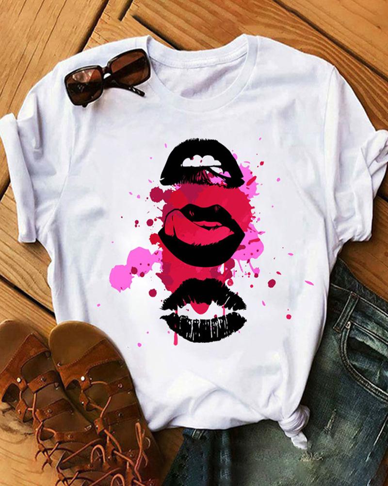 

Lip Doodle Print Colorblock Short Sleeve T-shirt, Style1