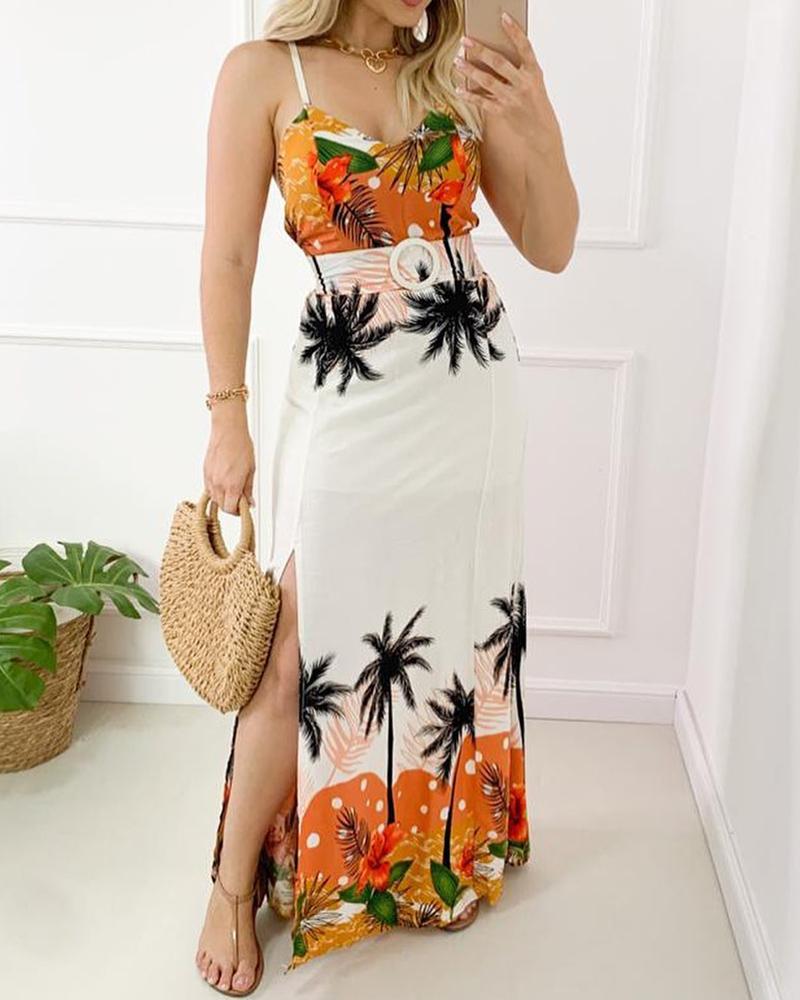 

Tropical Print High Slit Maxi Dress With Belt, Orange