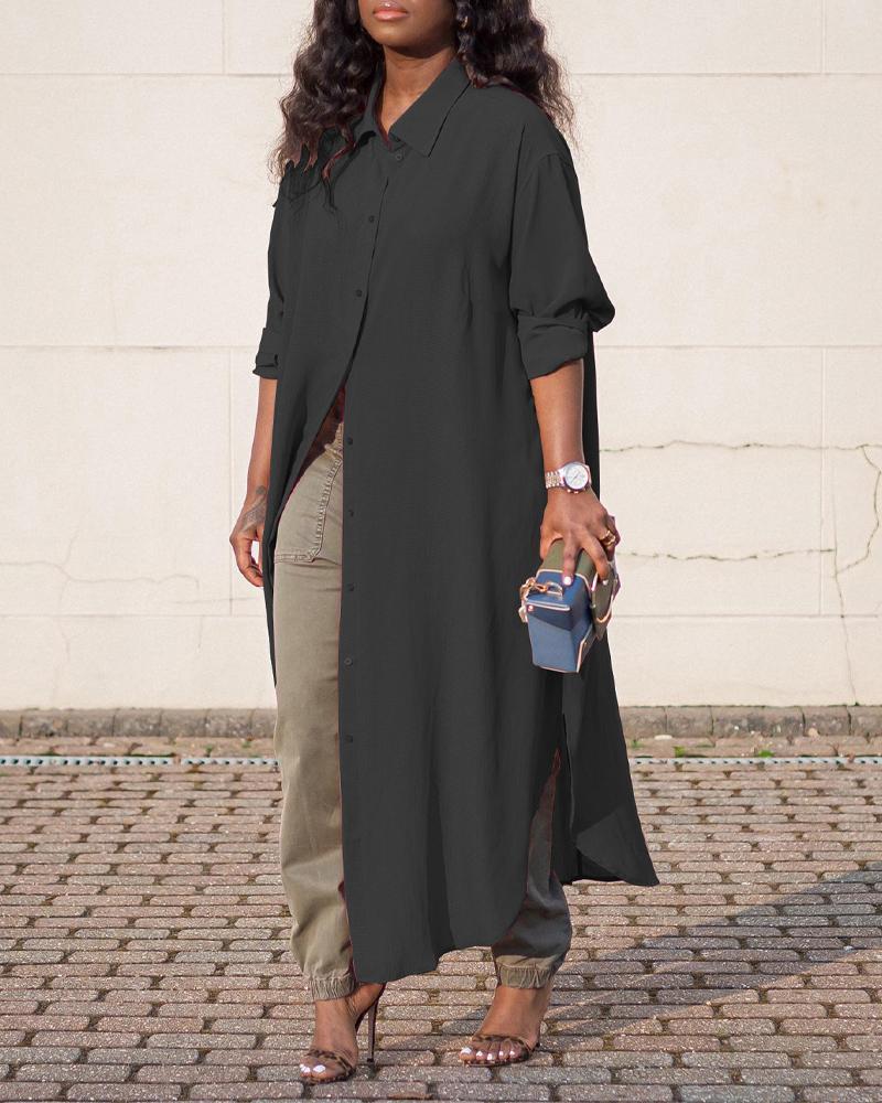 

Long Sleeve Button Down Shirt Dress, Black
