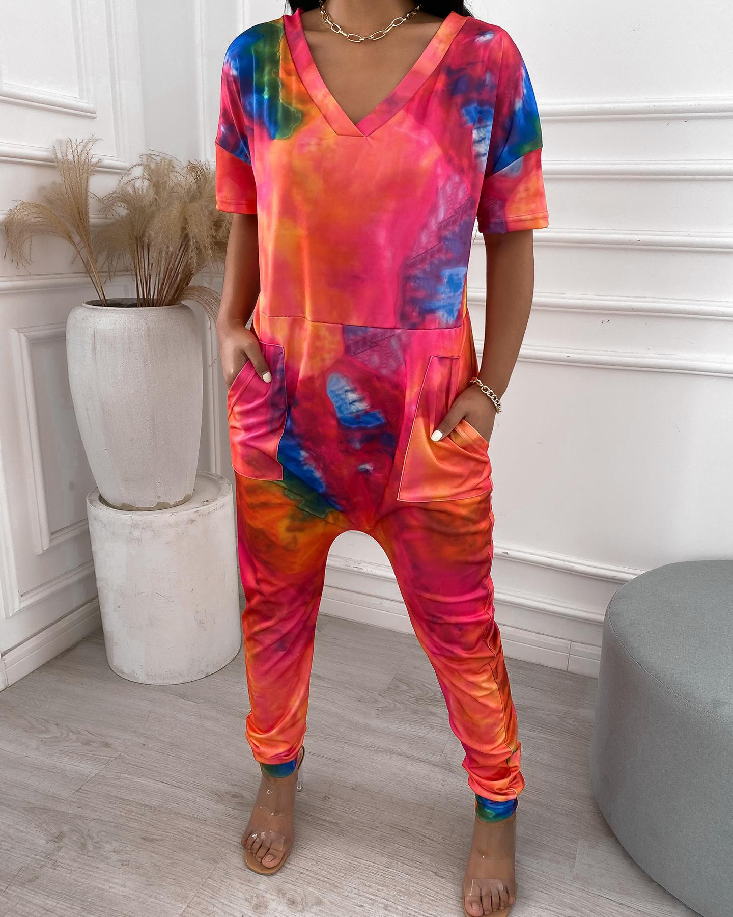 

Tie Dye Print Pocket Design Short Sleeve Jumpsuit, Hot pink