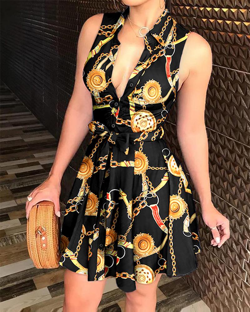 

Chain Print Button Down Belted Shirt Dress, Black
