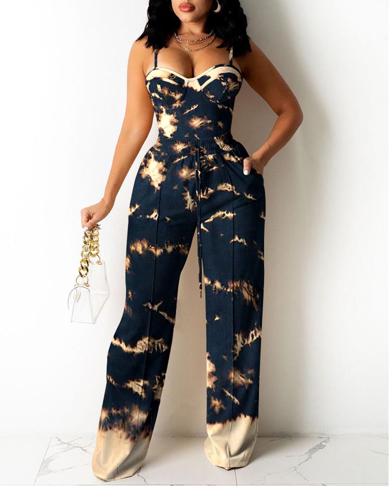 

Two Piece Sets Casual Sleeveless Tie Dye Print Top & Pocket Design Pants Set, Black