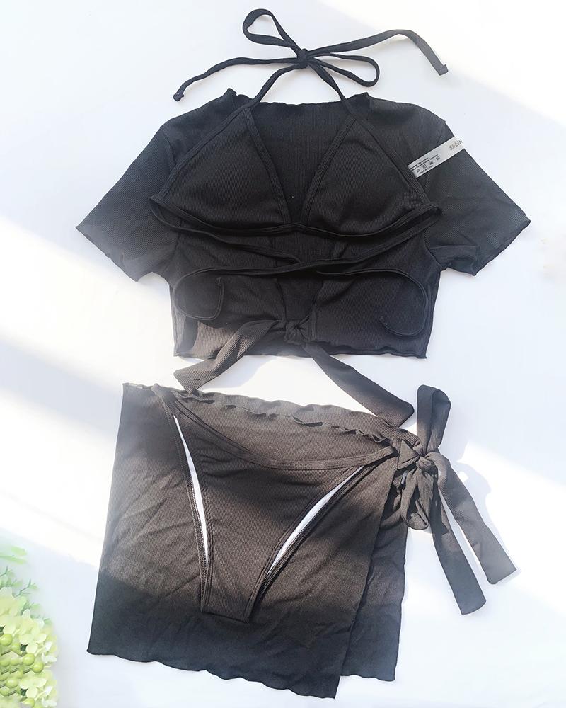 

Tie Neck Bikini Set With Tied Detail Cover Up And Top, Black