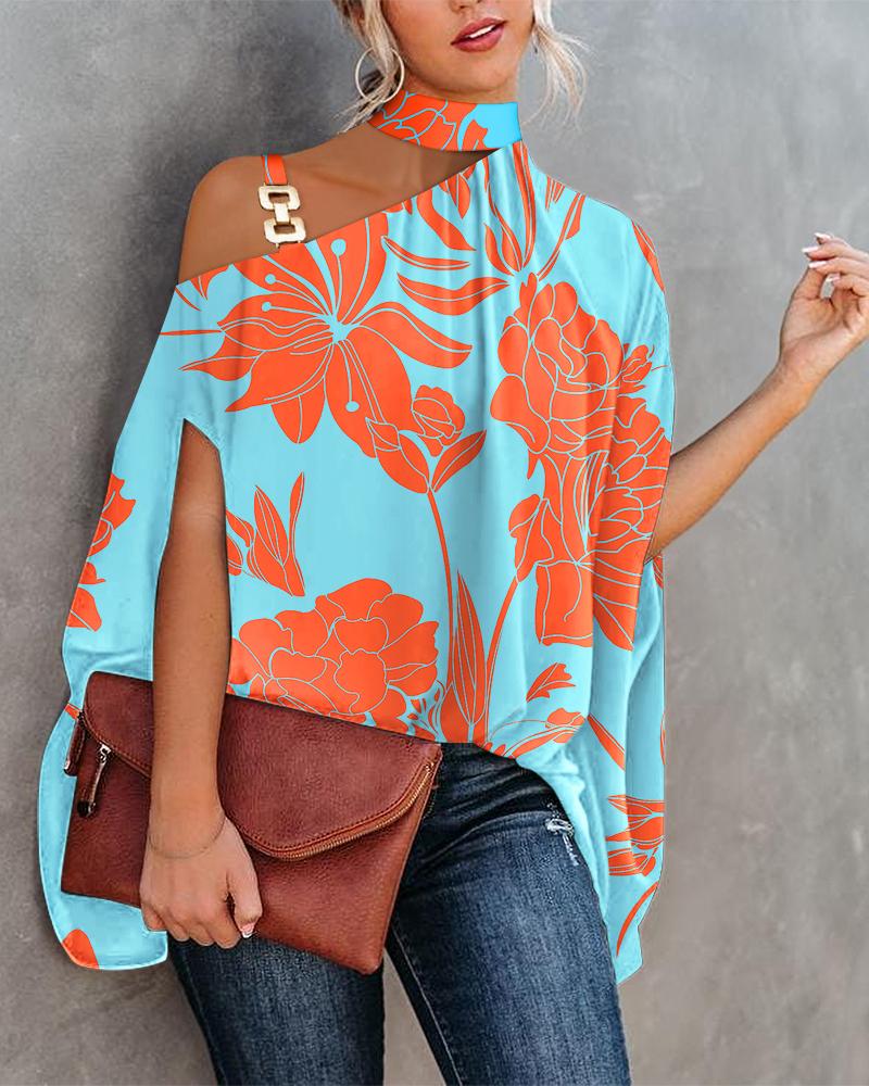 

Plants Print Chain Strap Cold Shoulder Top, Blue
