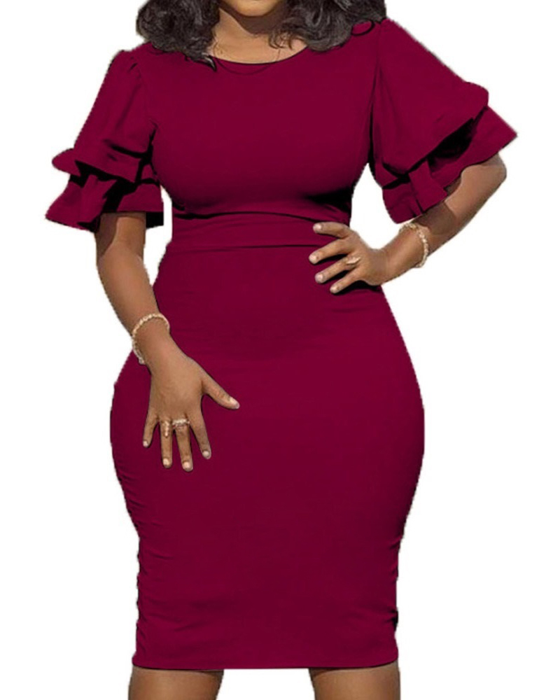

Flutter Sleeve Ruffles Work Dress, Dark red