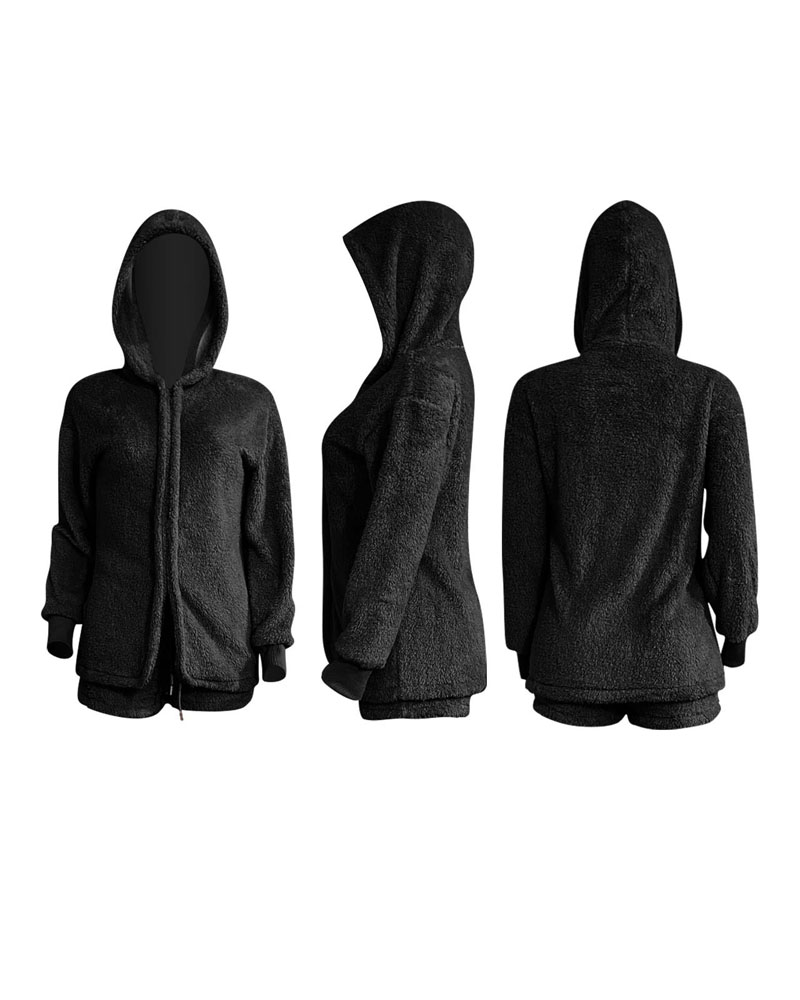 

Long Sleeve Hooded Fluffy Lounge Pajamas Set, Black