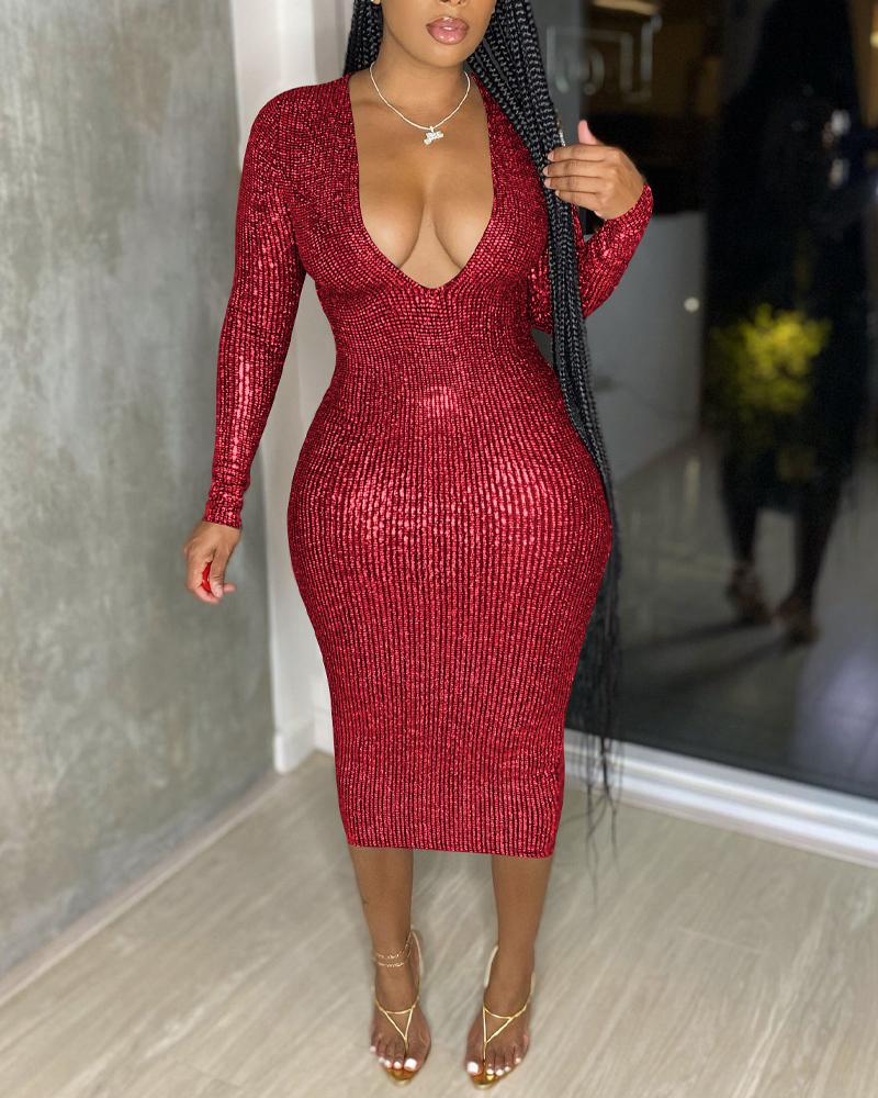 

Metallic Deep V-Neck Long Sleeve Bodycon Dress, Red