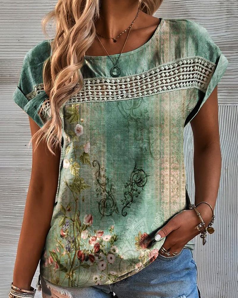 

Floral Tribal Print Round Neck Casual T-shirt, Green