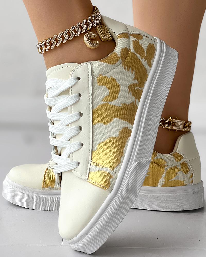 

Cow Print Lace-up Casual Sneakers, Beige
