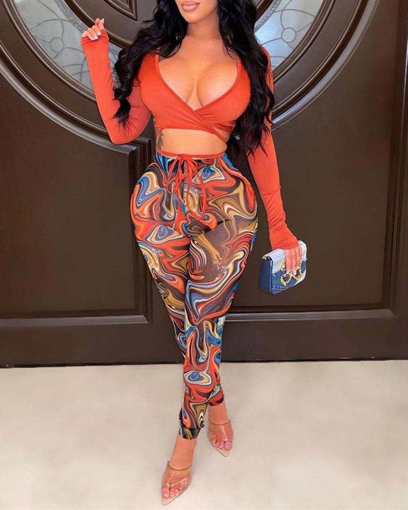 

Plunge Bandage Cutout Top & Abstract Print Pants Set, Orange