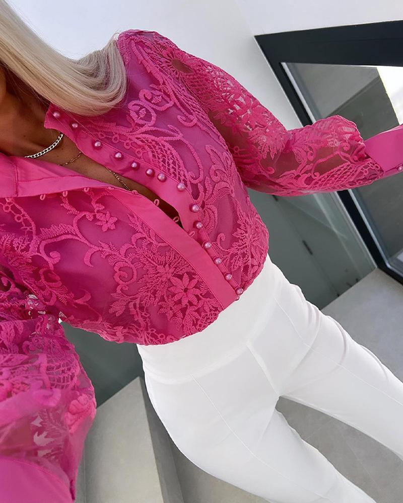 

Pearls Decor Buttoned Lace Top, Hot pink