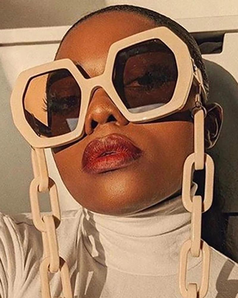 

1Pair Polygon Square Frame Chain Decor Sunglasses, White