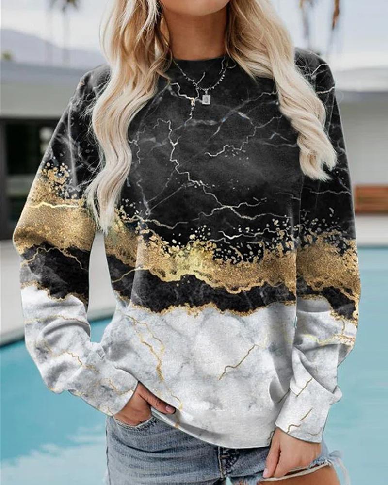 

Marble Print Long Sleeve Casual Sweatshirt, Black