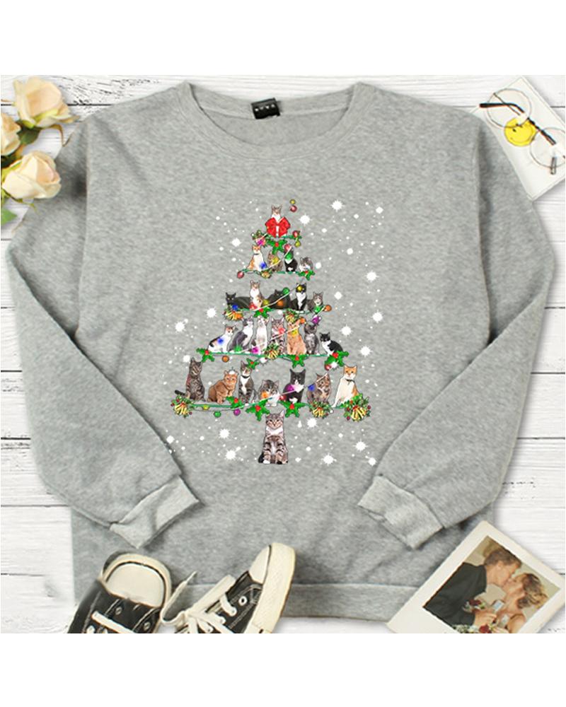 

Christmas Tree Cat Print Casual Top, Gray