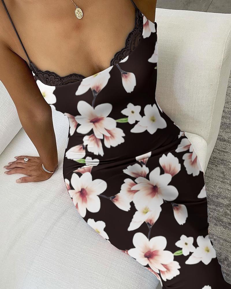 

Cami Lace Collar Floral Print Straight Bodycon Dress, Black