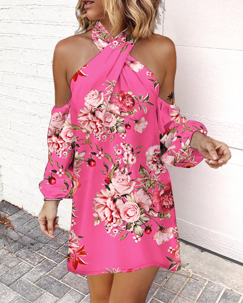 

Floral Print Cold Shoulder Casual Dress, Hot pink