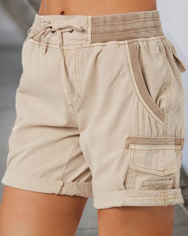 

Pocket Detail Roll Hem Drawstring Shorts, Apricot