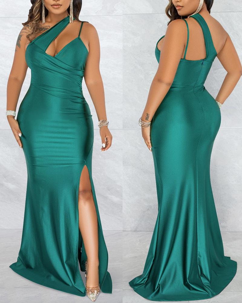 

One Shoulder Split Thigh Prom Dress, Green