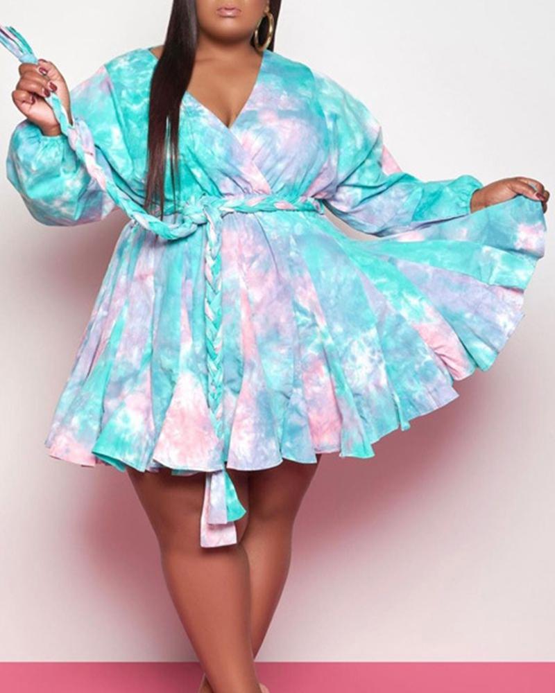 

Plus Size Surplice Neck Keyhole Back Tie Dye Print Dress, Pink&blue