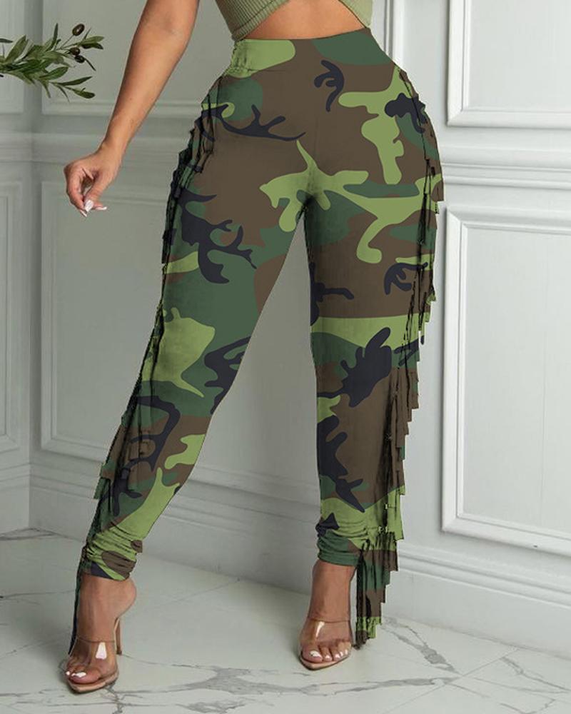 

Camouflage Print Tassel Trim High Waist Skinny Pants, Camoflage