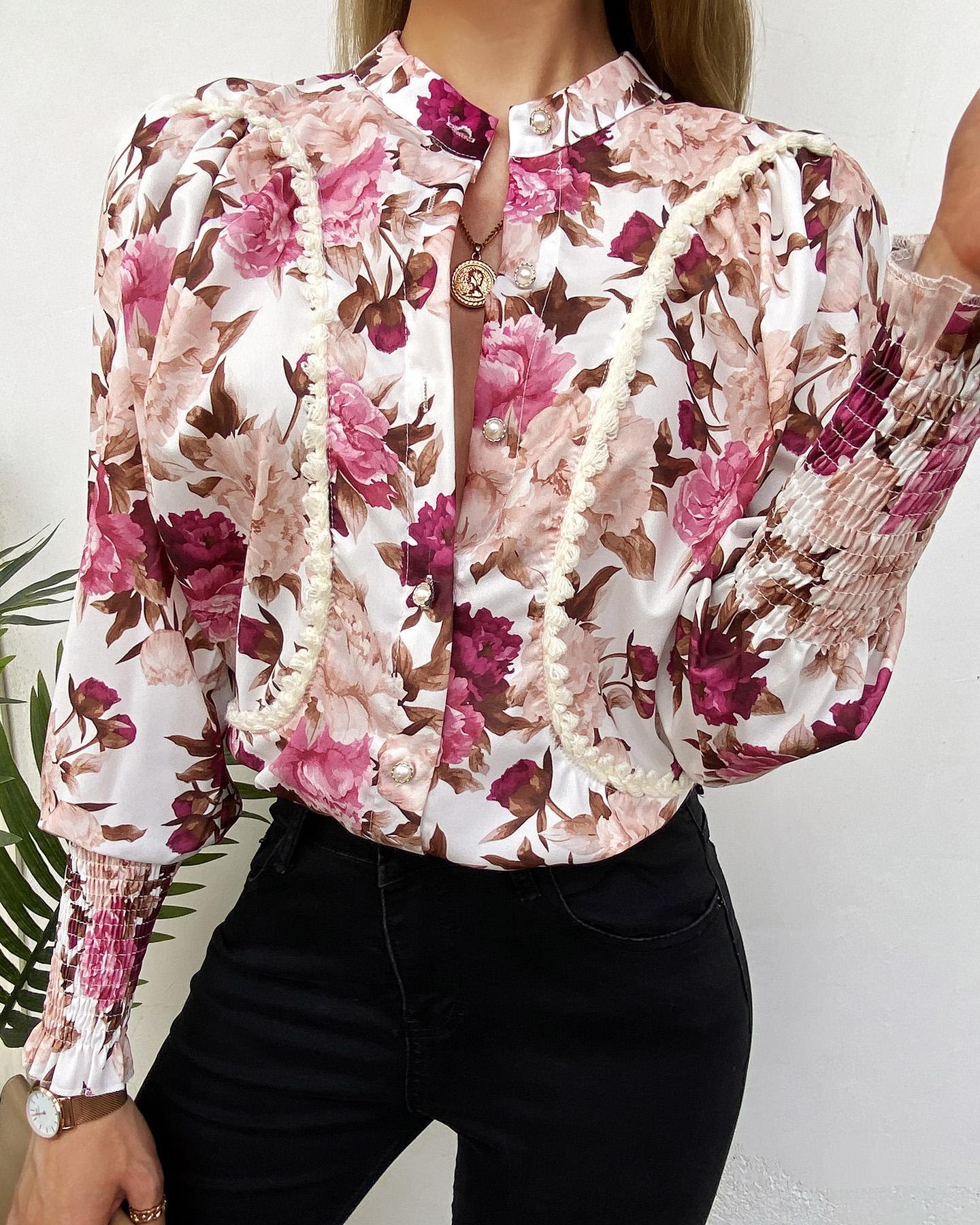 

Floral Print Button Design Long Sleeve Blouse, Red