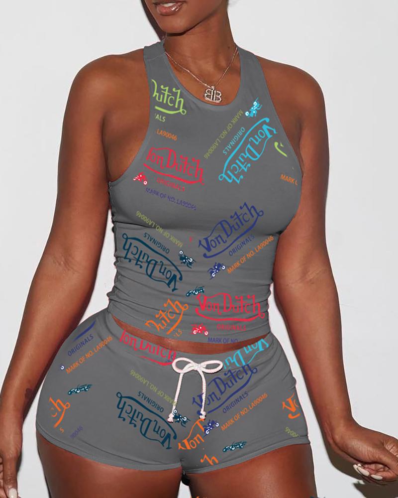 

Letter Print Tank Top & Drawstring Shorts Set, Gray