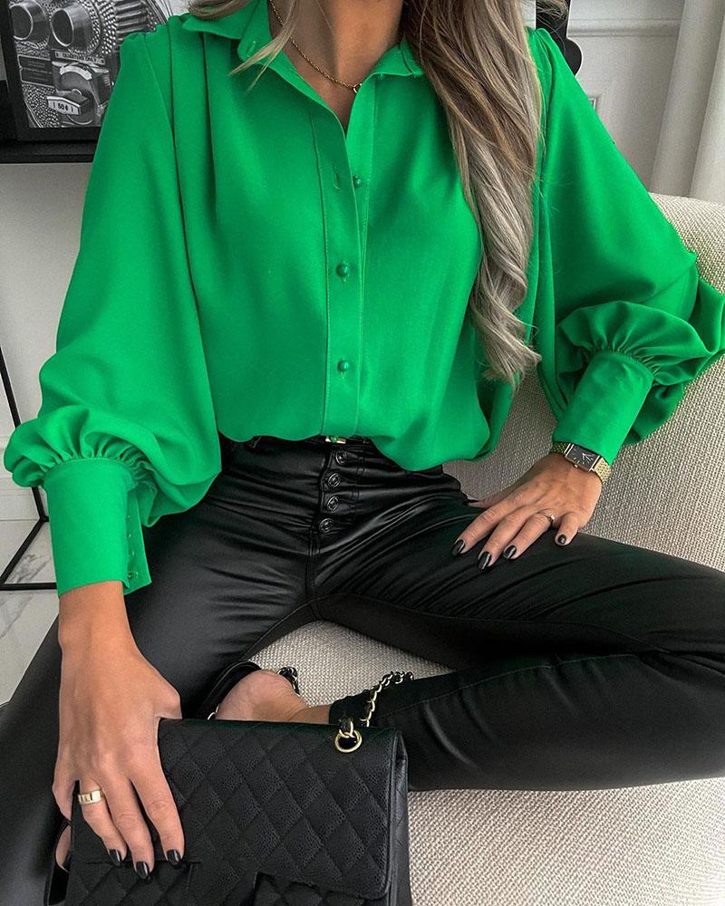 

Lantern Sleeve Button Design Casual Top, Green