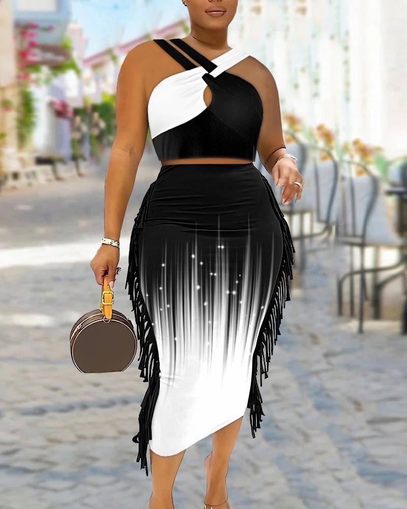 

Colorblock Crop Top & Abstract Print Tassel Design Skirt Set, Black