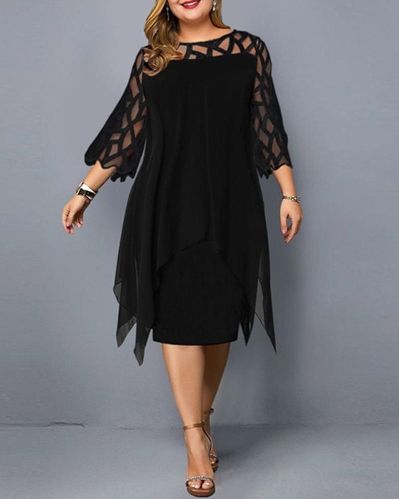 

Plus Size Contrast Lace Asymmetrical Hem Chiffon Casual Dress, Black