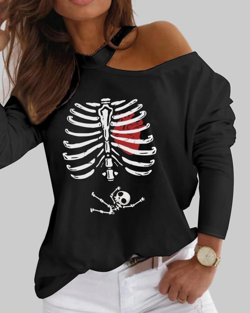 

Halloween Skeleton Graphic Print Cutout Long Sleeve Top, Black