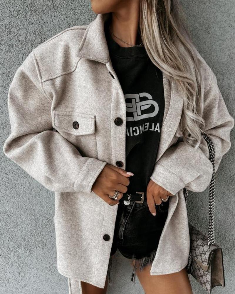 

Flap Detail Button Up Belted Coat, Gray