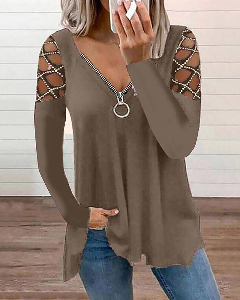 

Rhinestone Hollow-Out Zipper Front Long Sleeve Top, Khaki