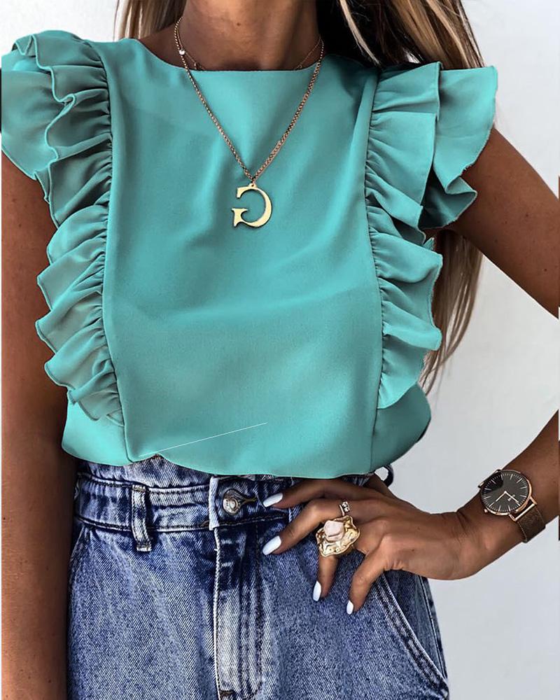 

Ruffles Trim Short Sleeve Casual Top, Green