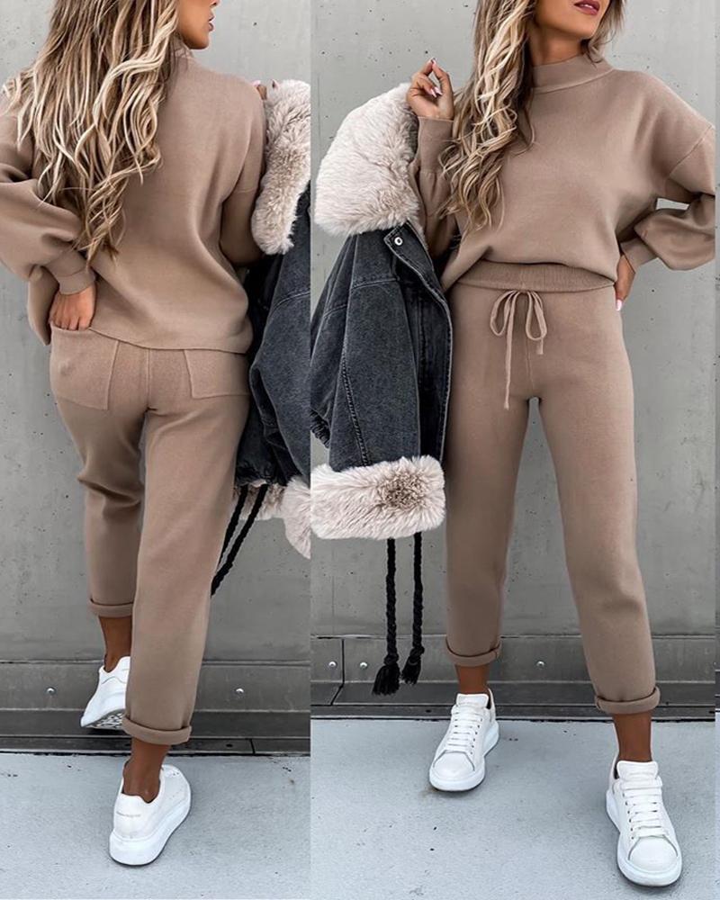 

Plain Lantern Sleeve Top & Drawstring Pockets Design Pants Set, Khaki