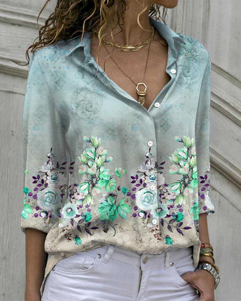 

Floral Print Long Sleeve Button Down Shirt, Green