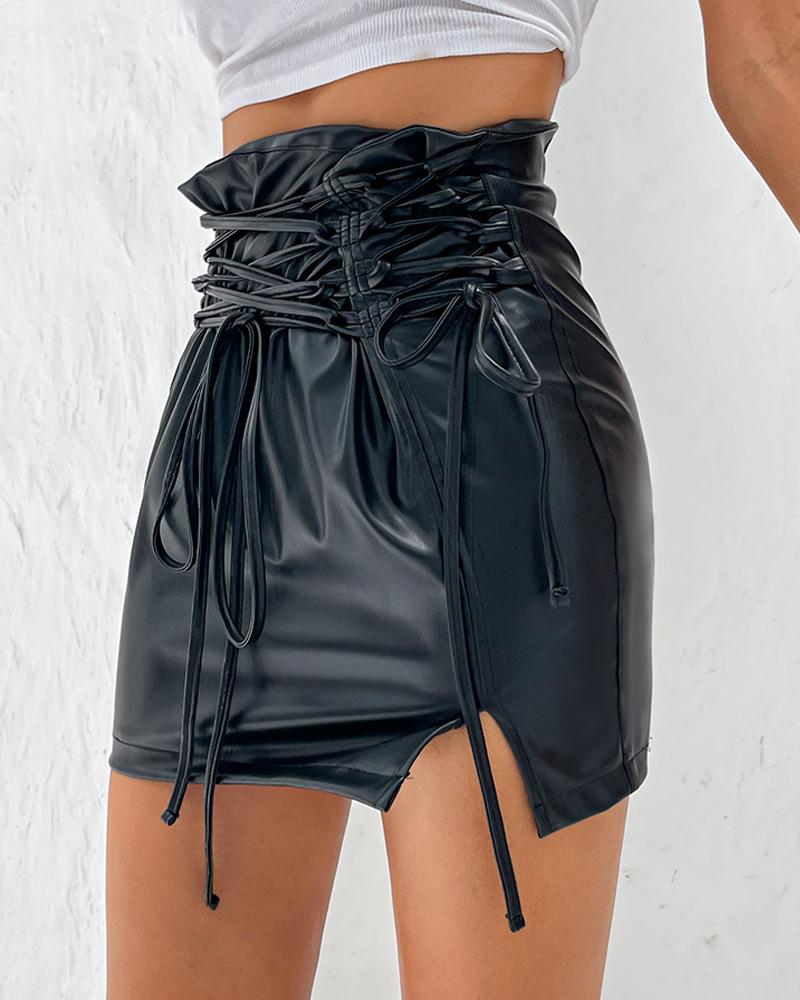 

Lace-up High Waist PU Leather Mini Skirt, Black