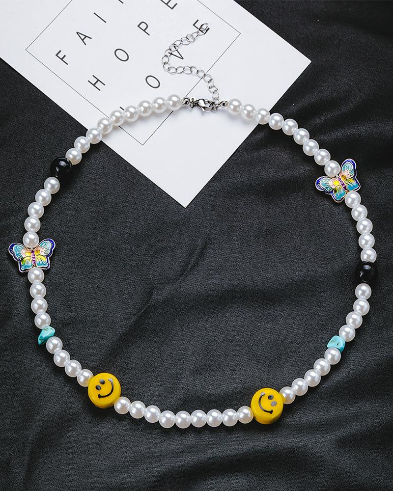 

Butterfly Cartoon Face Beaded Necklace, White