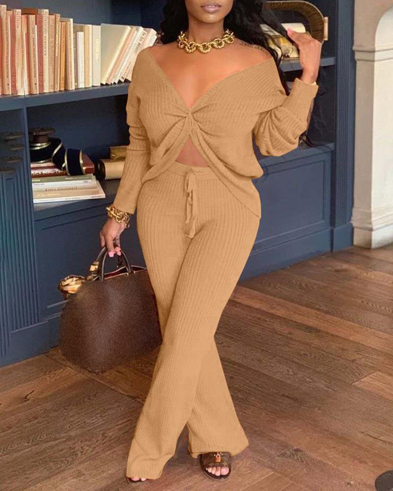 

Twisted Ribbed Long Sleeve Top & Bootcut Pants Set, Khaki