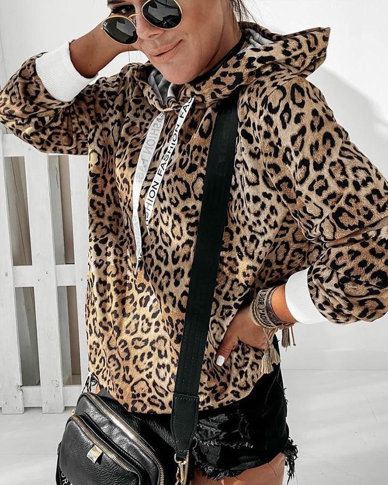 

Cheetah Print Letter Strap Hooded Top, Leopard