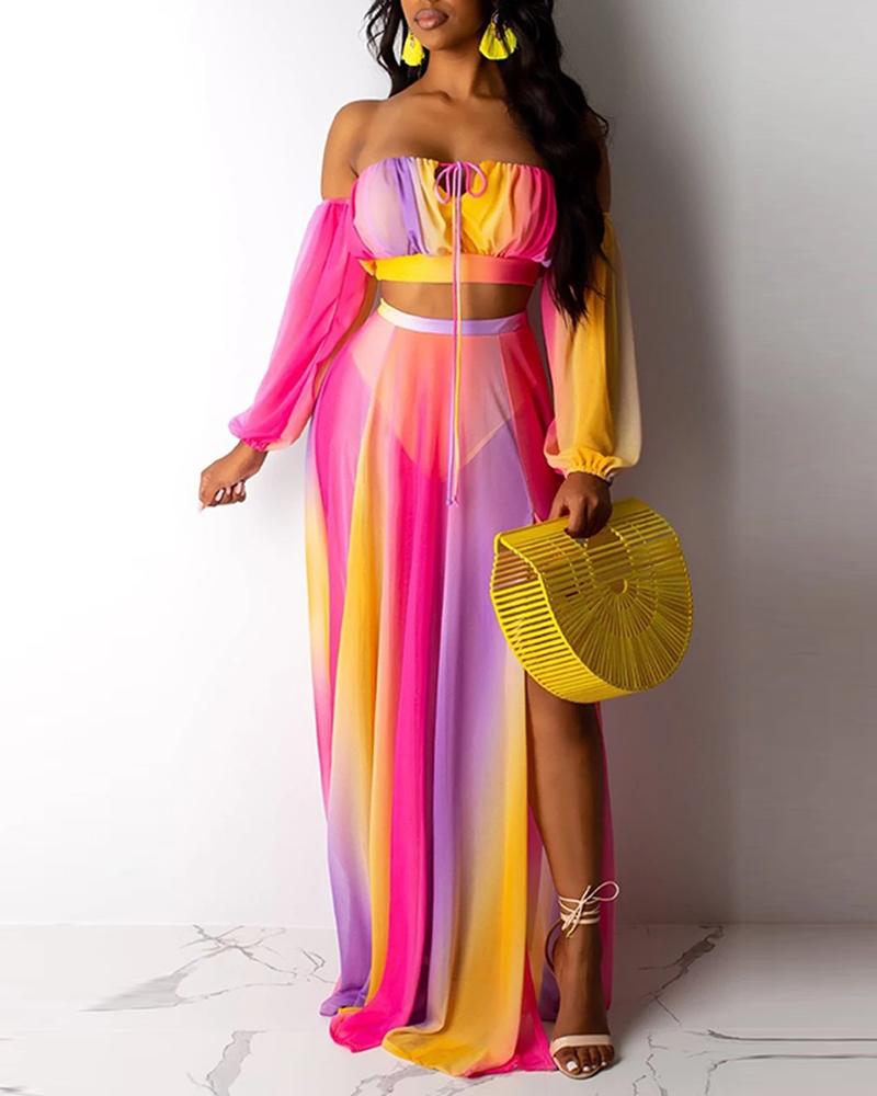 

Off Shoulder Colorblock Crop Top & High Slit Maxi Skirt Set, Hot pink