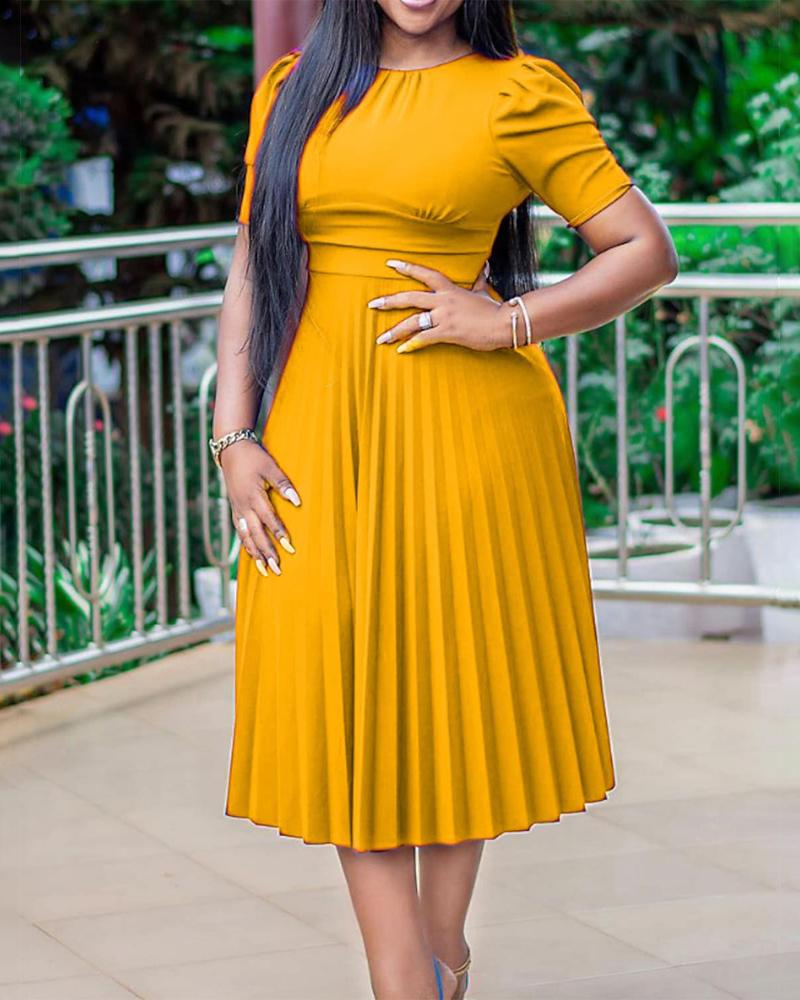 

Plain Puff Sleeve Pleated Casual Dress, Yellow