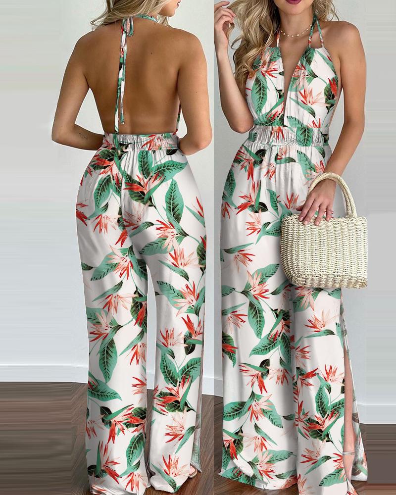 

Tropical Print Halter Backless Slit Jumpsuit, Multicolor