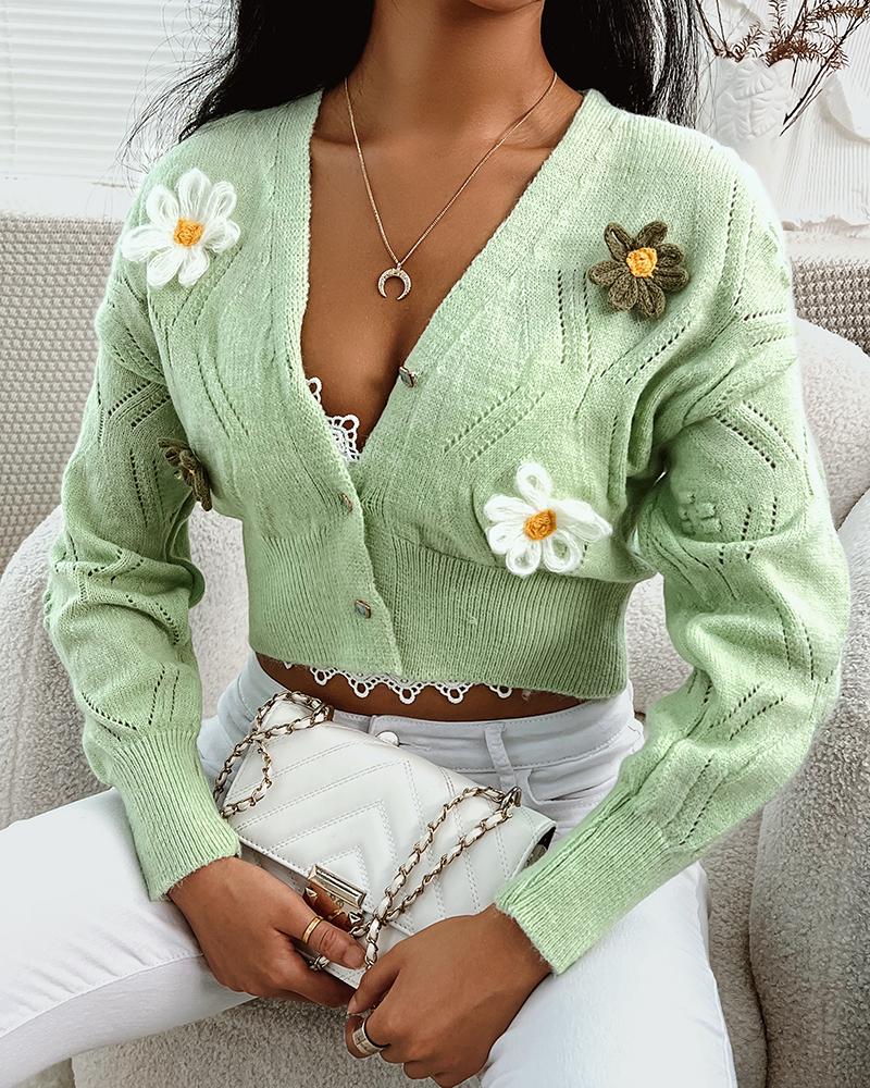 

Floral Pattern Hollow Out Crop Cardigan, Green