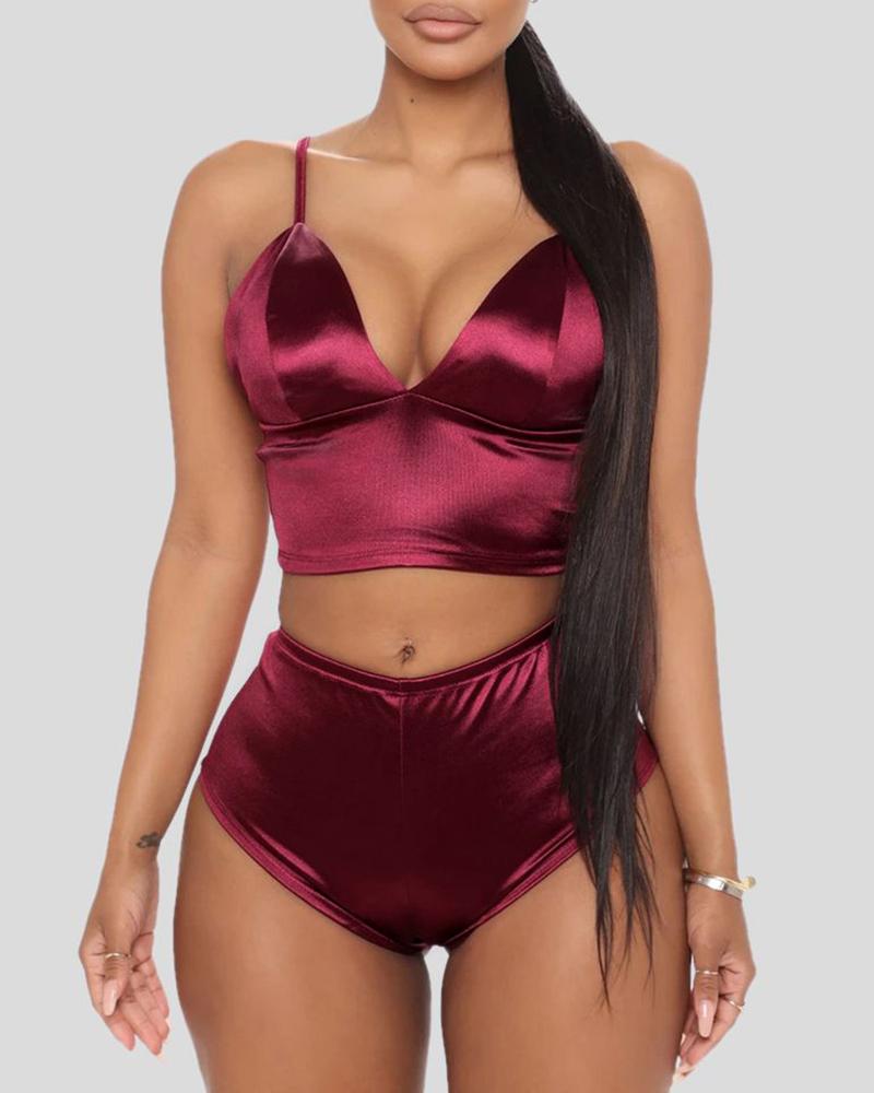 

Satin Spaghetti Strap Lingerie Set, Wine red