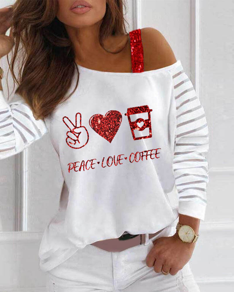 

One Shoulder Graphic Letter Pattern Sequins Top, White