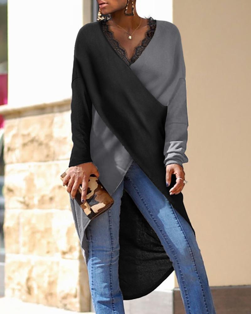 

Colorblock Contrast Lace Crisscross Asymmetrical Hem Top, Gray