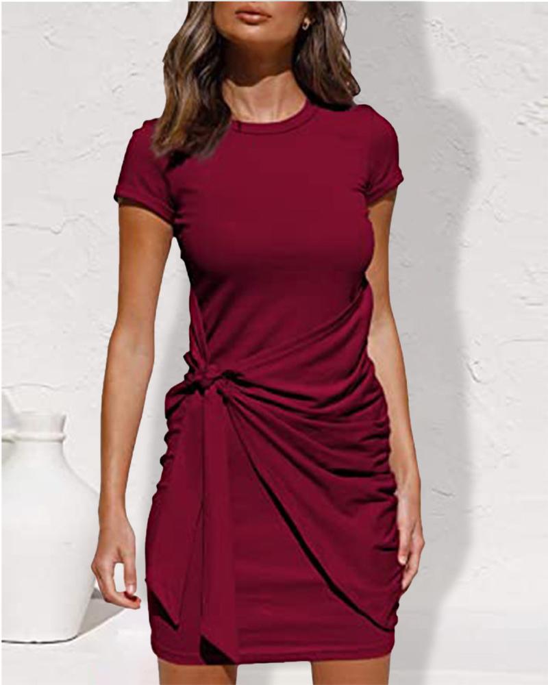 

Short Sleeve Tied Detail Casual Dress, Wine red