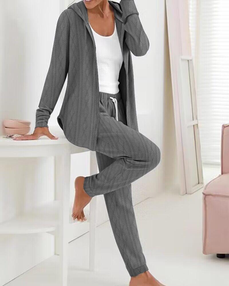 

Cable Textured Hooded Top & Drawstring Pants Set, Gray
