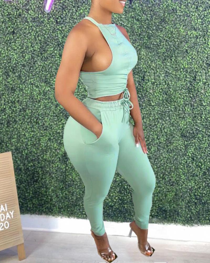 

Halter Drawstring Top & Pocket Design Pants Set, Light blue