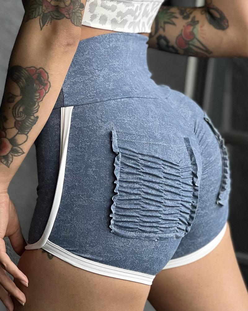 

High Waist Butt Lifting Ruched Active Shorts, Blue
